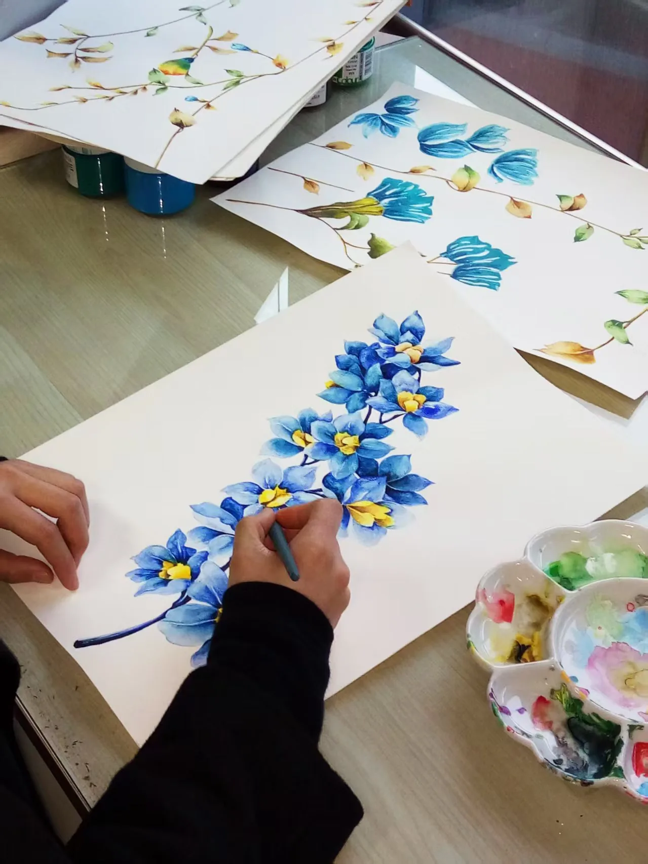 Hand-painted watercolor floral artwork for digital textile printing